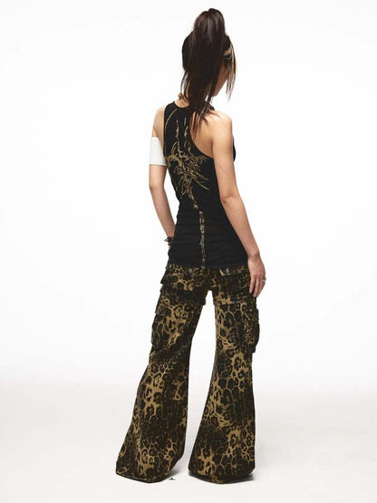 2-way Leopard Pattern Low Rise Studs Flare Jeans