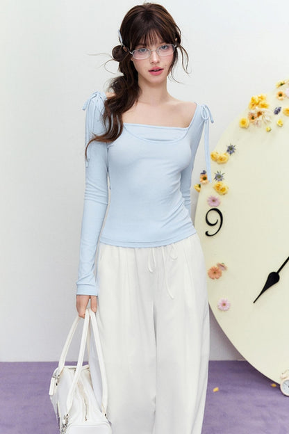 Korean Slim Tie Shoulder Top