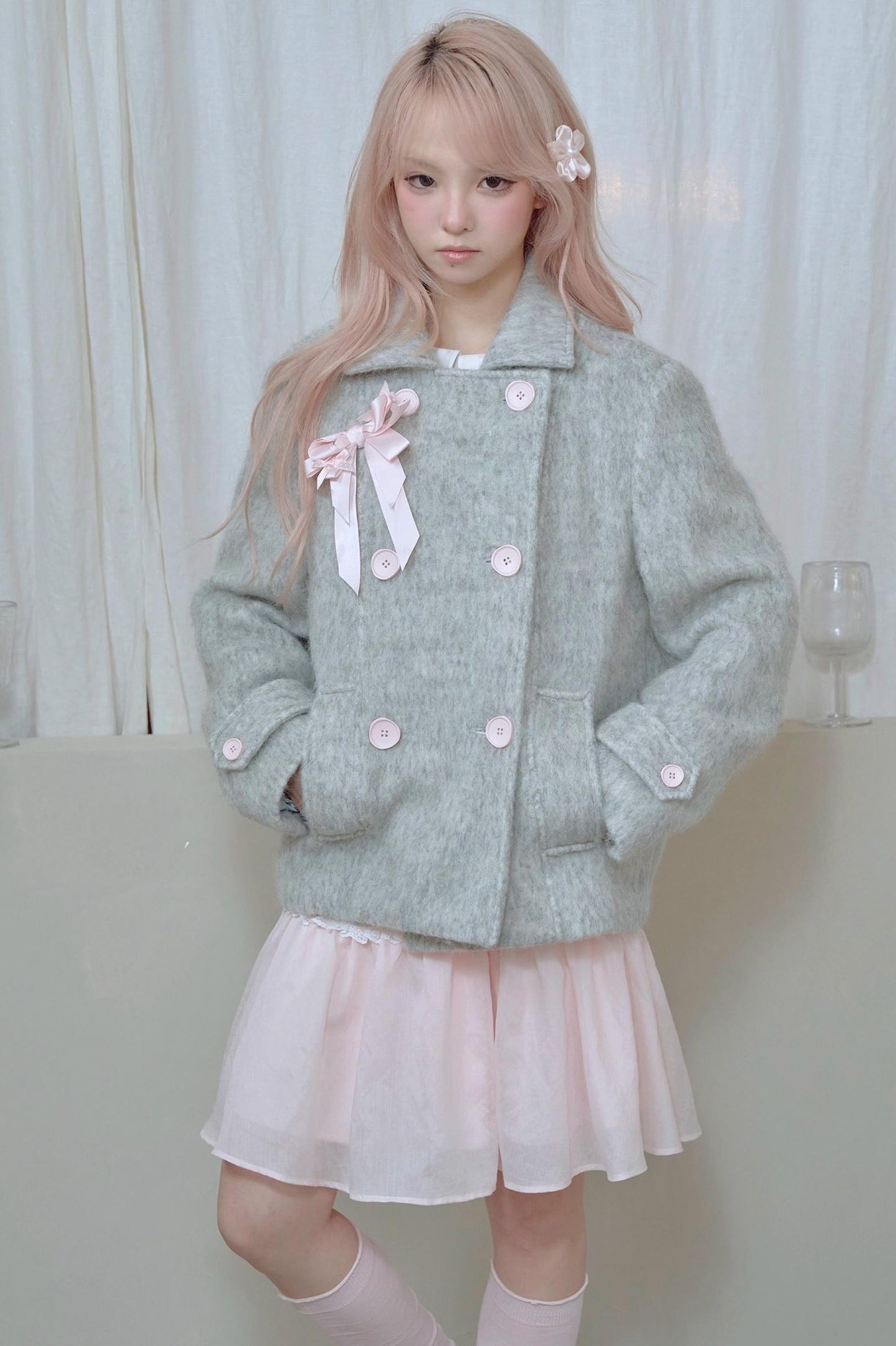 Light Grey Water Ripple Woolen Coat