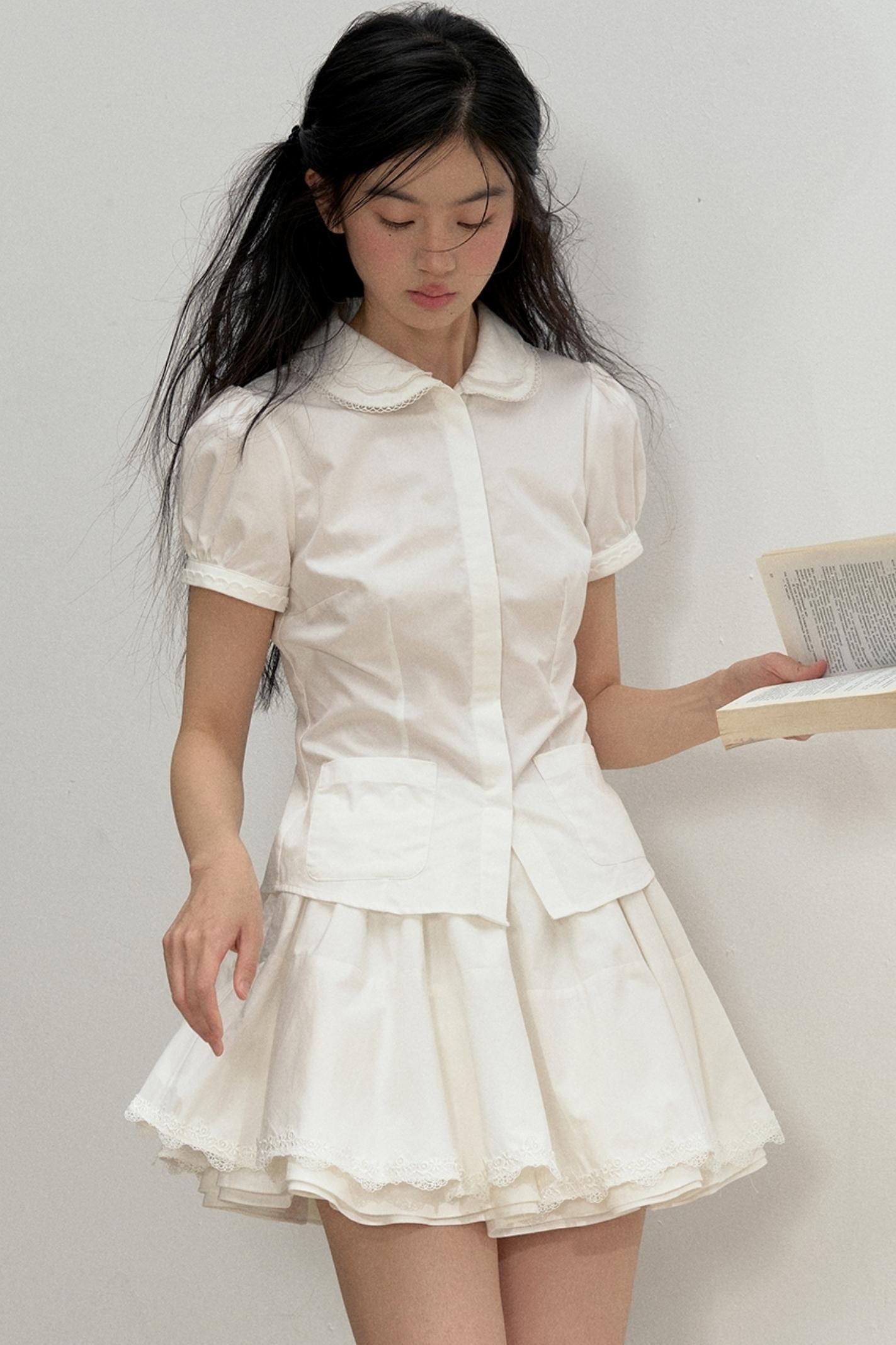 Lace-Collared Cotton Blouse Set-Up