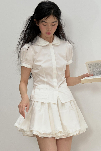 Lace-Collared Cotton Blouse Set-Up