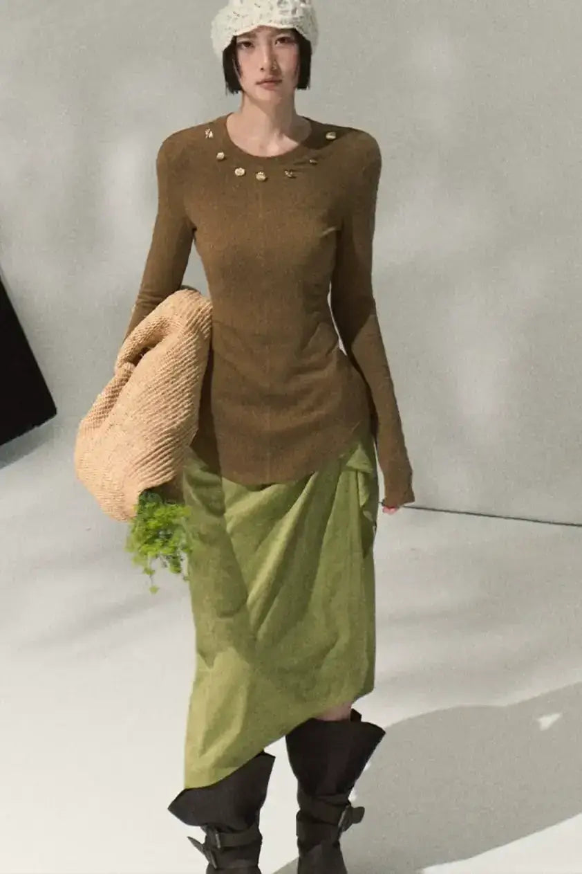 Oak Sculptural Pleated Midi Skirt