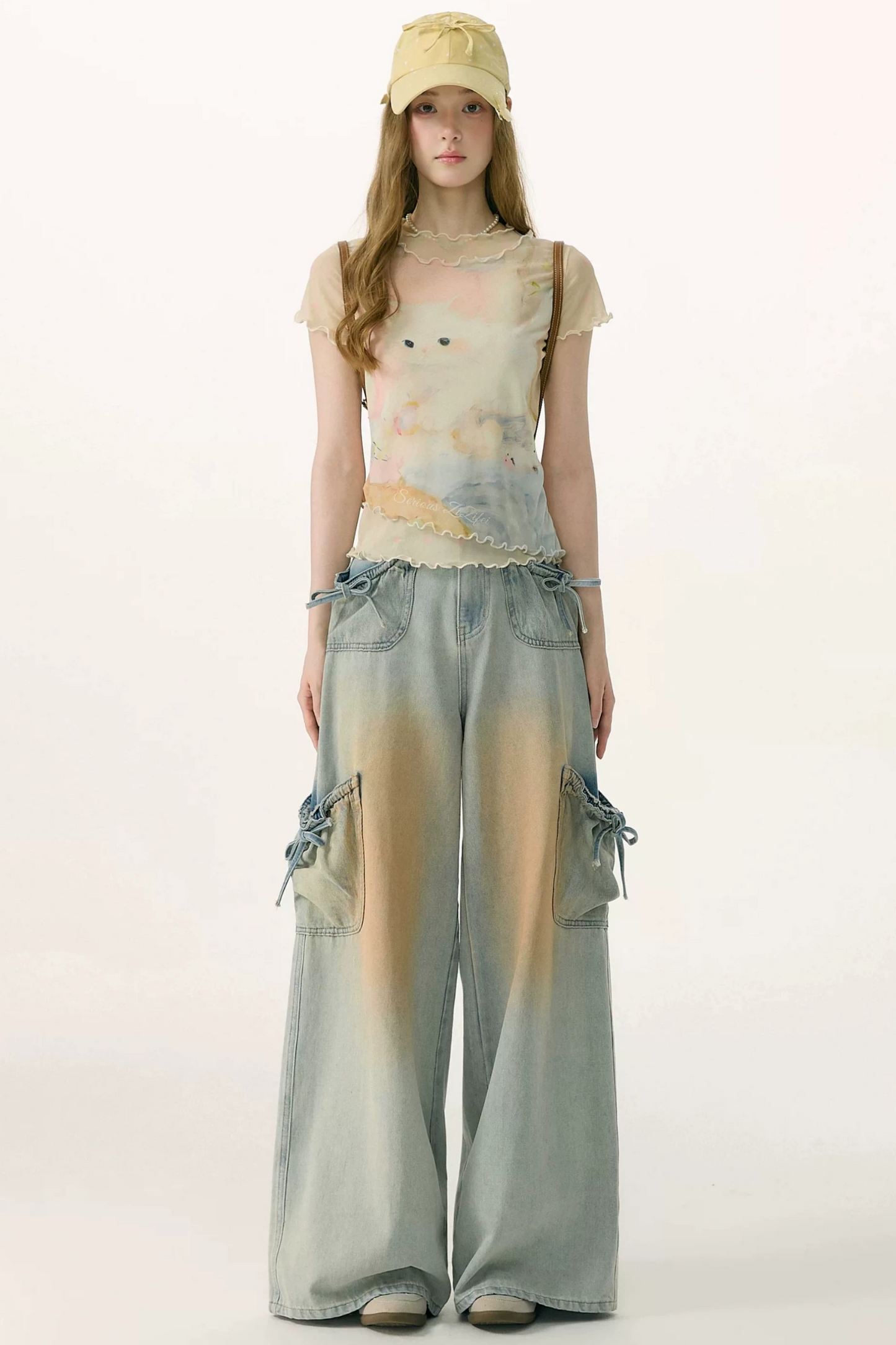 High-Waisted Bow-Knot Wide-Leg Denim Pants