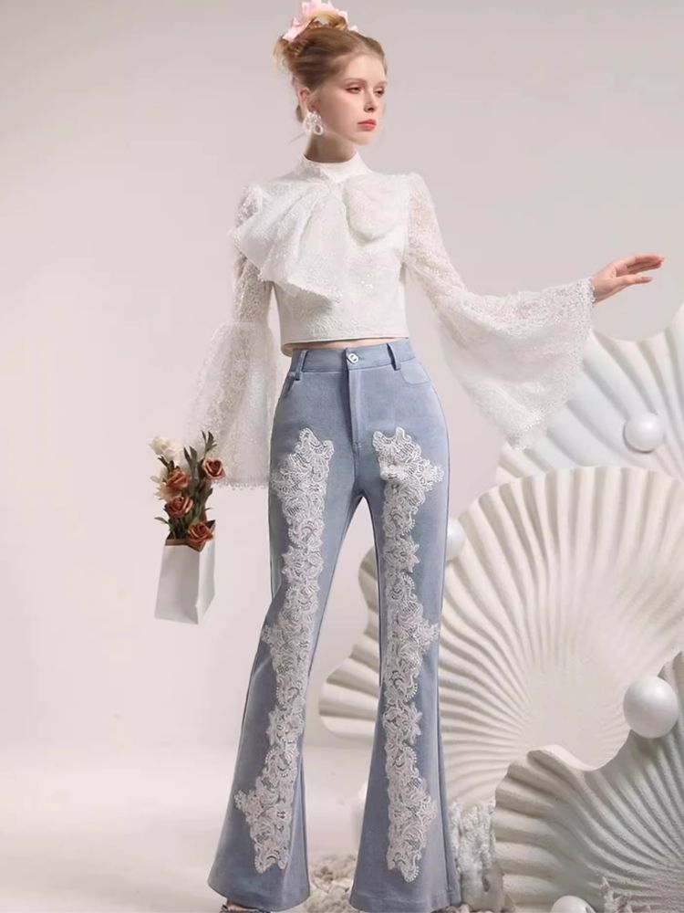 Heavy Lace Flower Waisted Slim Flared Pants