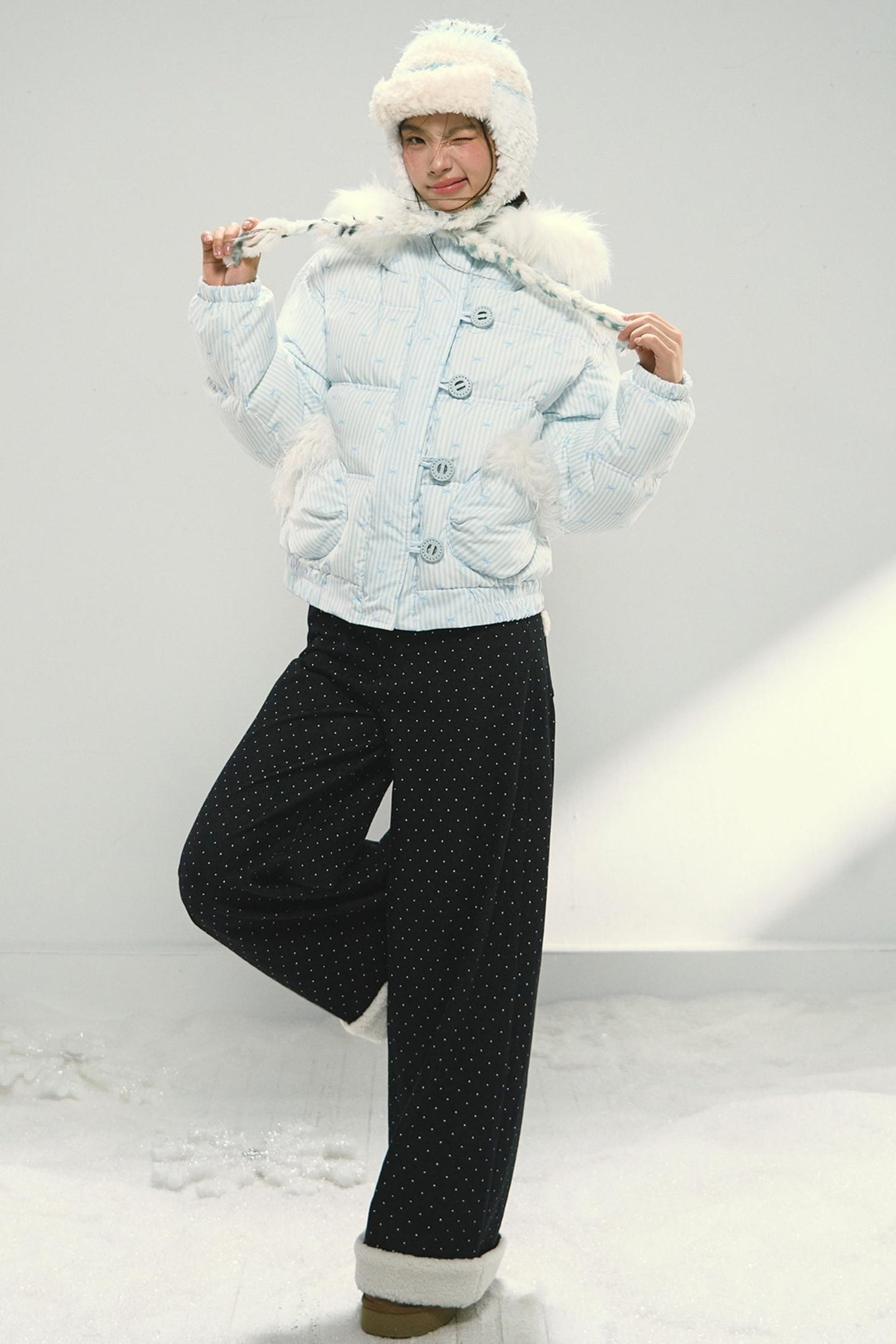 Blue Polka Dot Wide-Leg Jeans Pants