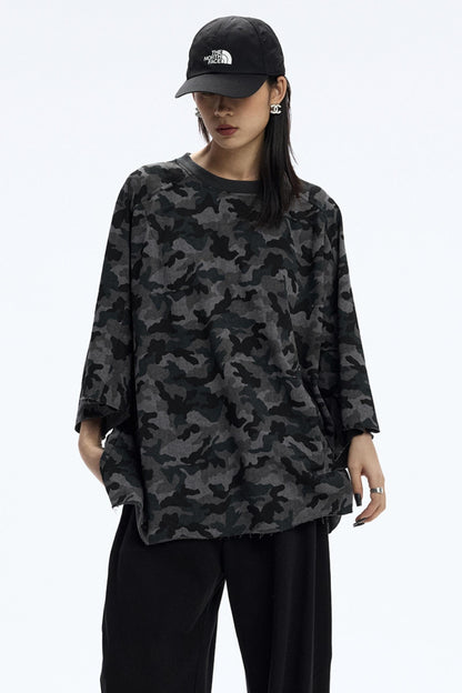 Vintage Camouflage Three-Quarter Sleeve Top