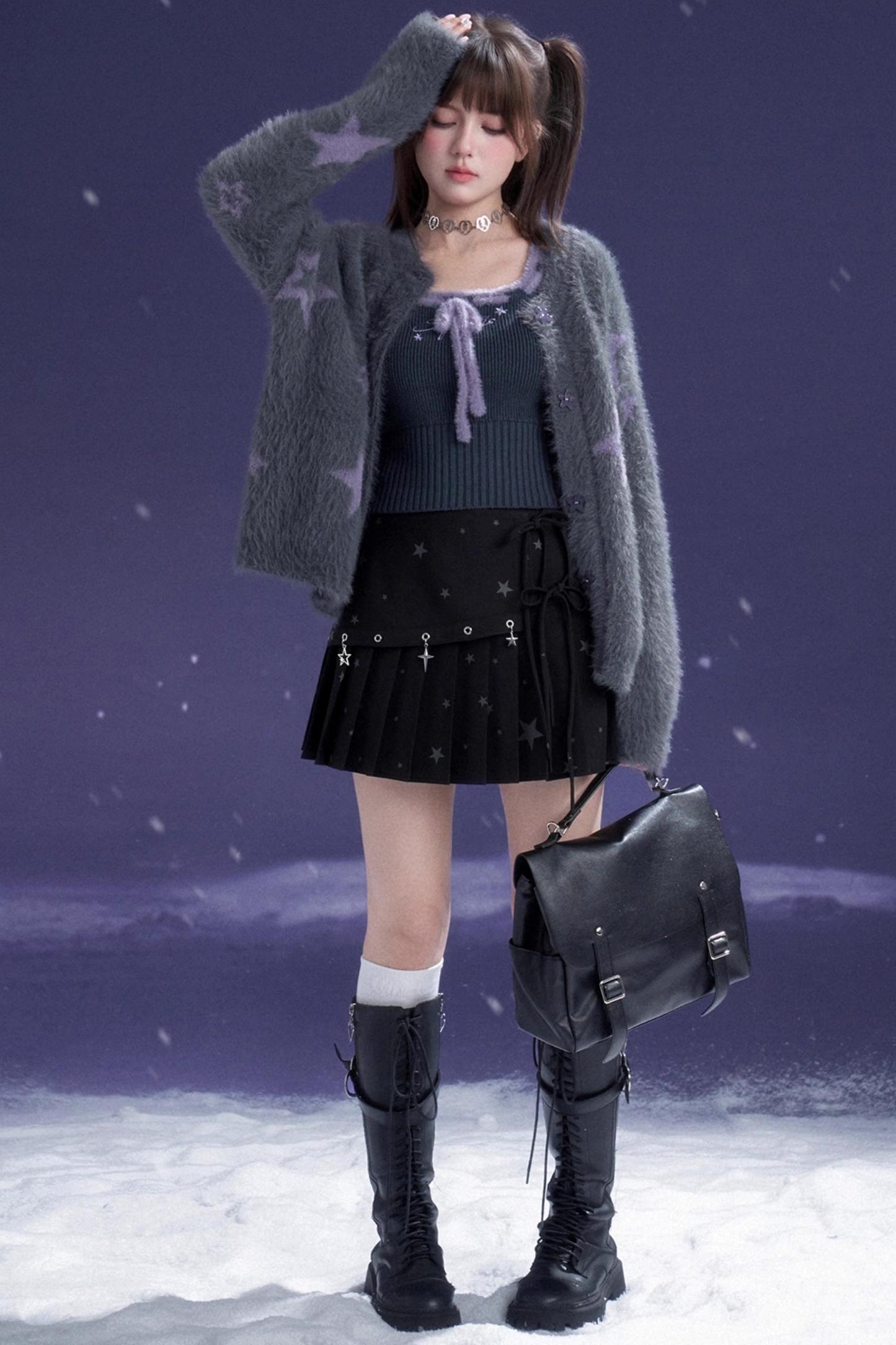 Gray Purple Star Plush Jacket Set-Up