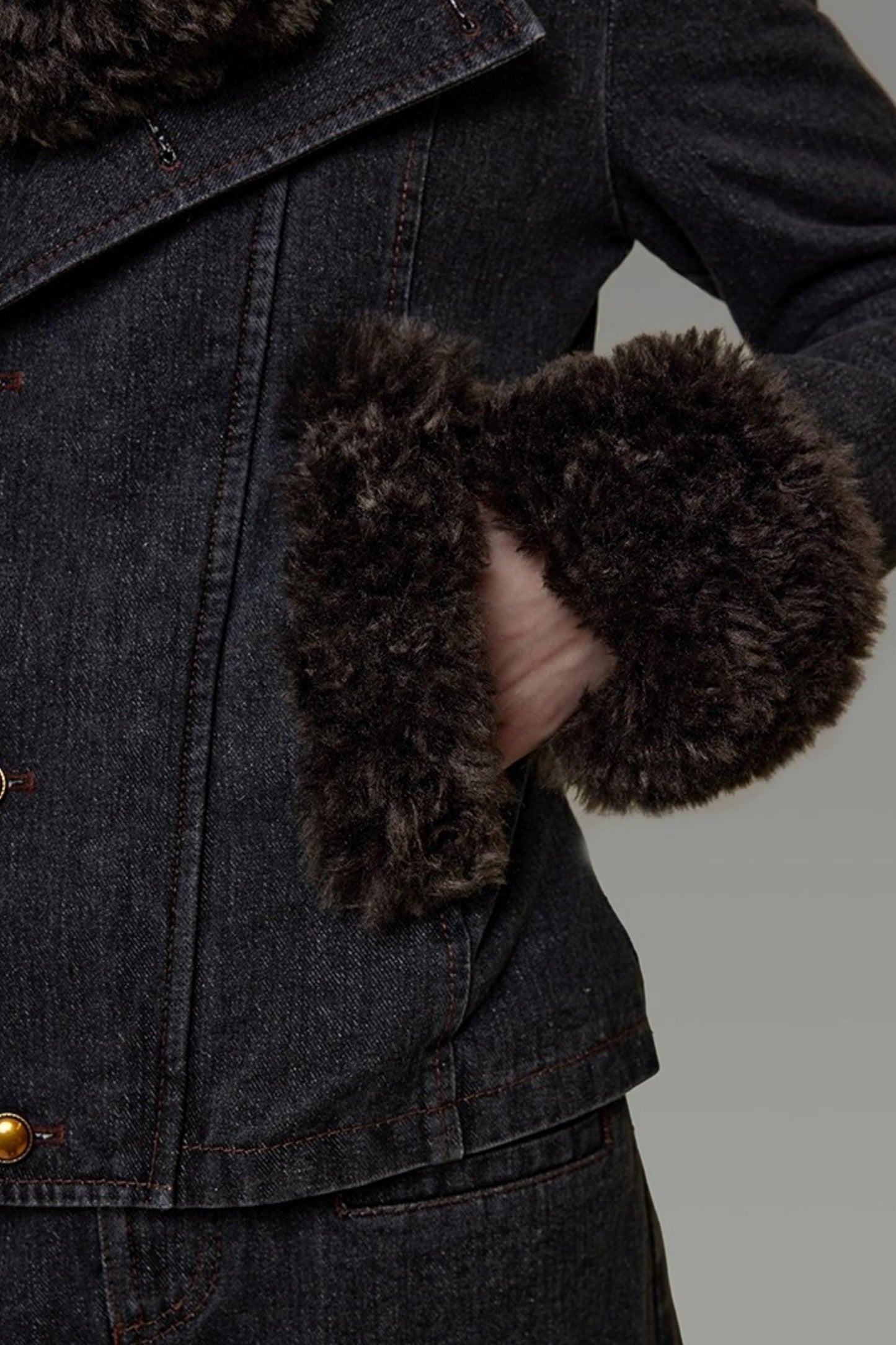 Patchwork Fur Collar Denim Jacket Set-Up