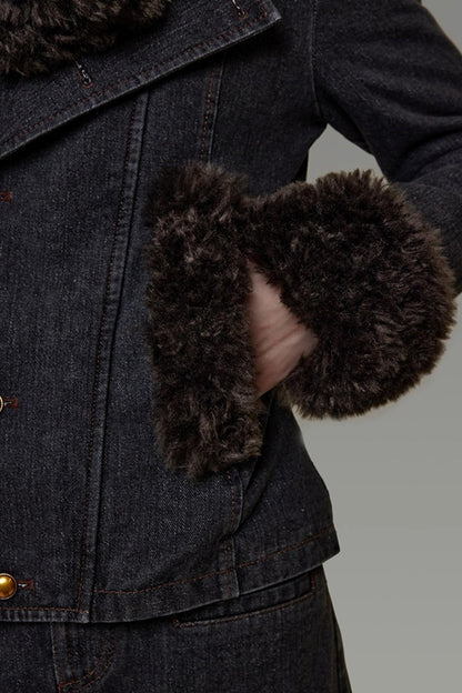 Patchwork Fur Collar Denim Jacket Set-Up