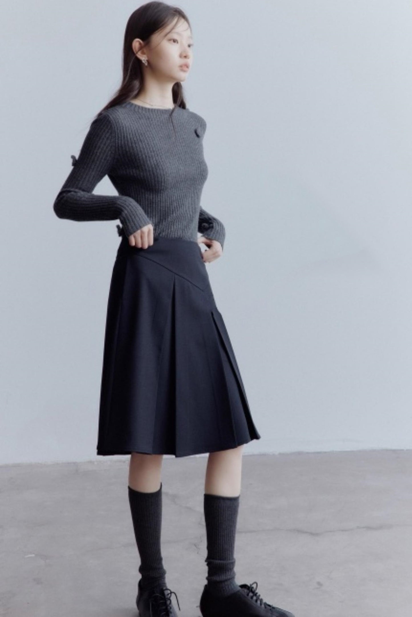 Meteorite Lime Wool Pleated Midi Skirt