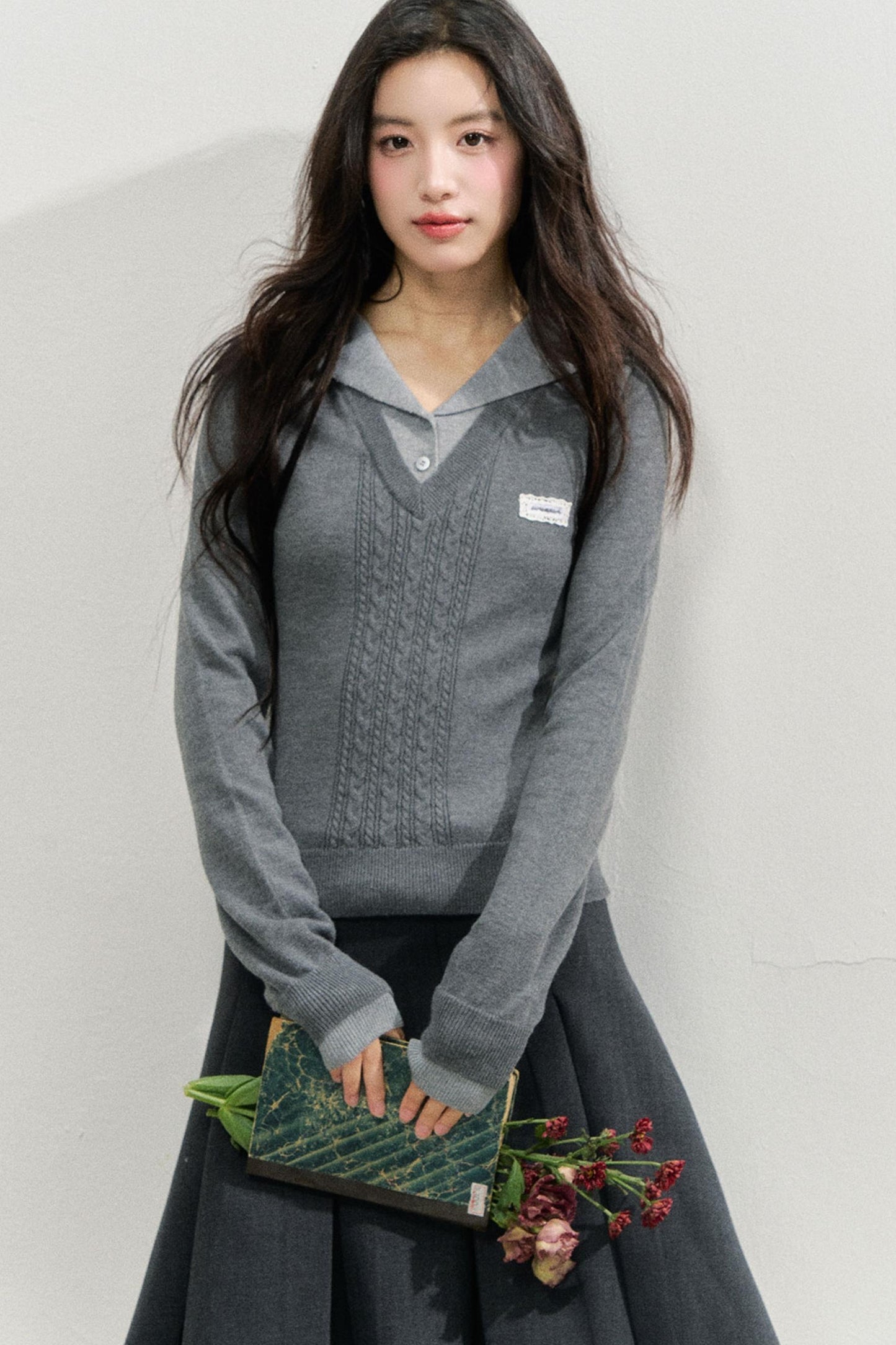 대학 스타일 니트 레이어드 탑