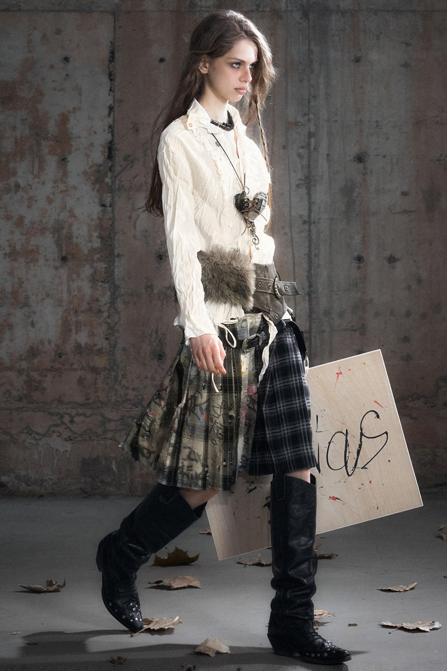 Leather Waist Plaid Pleated Skirt