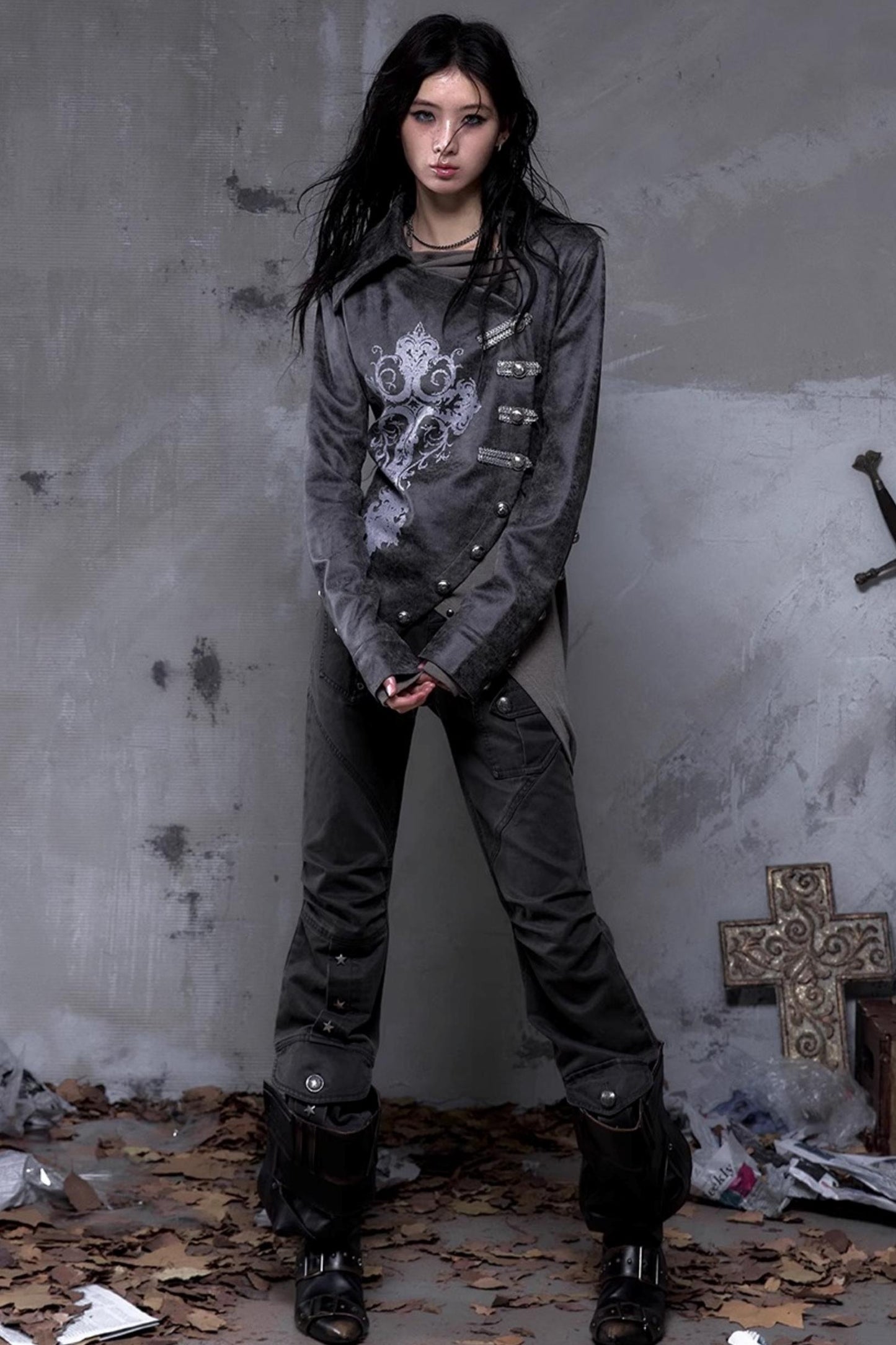 Vintage Slanted Placket Printed Leather Shirt