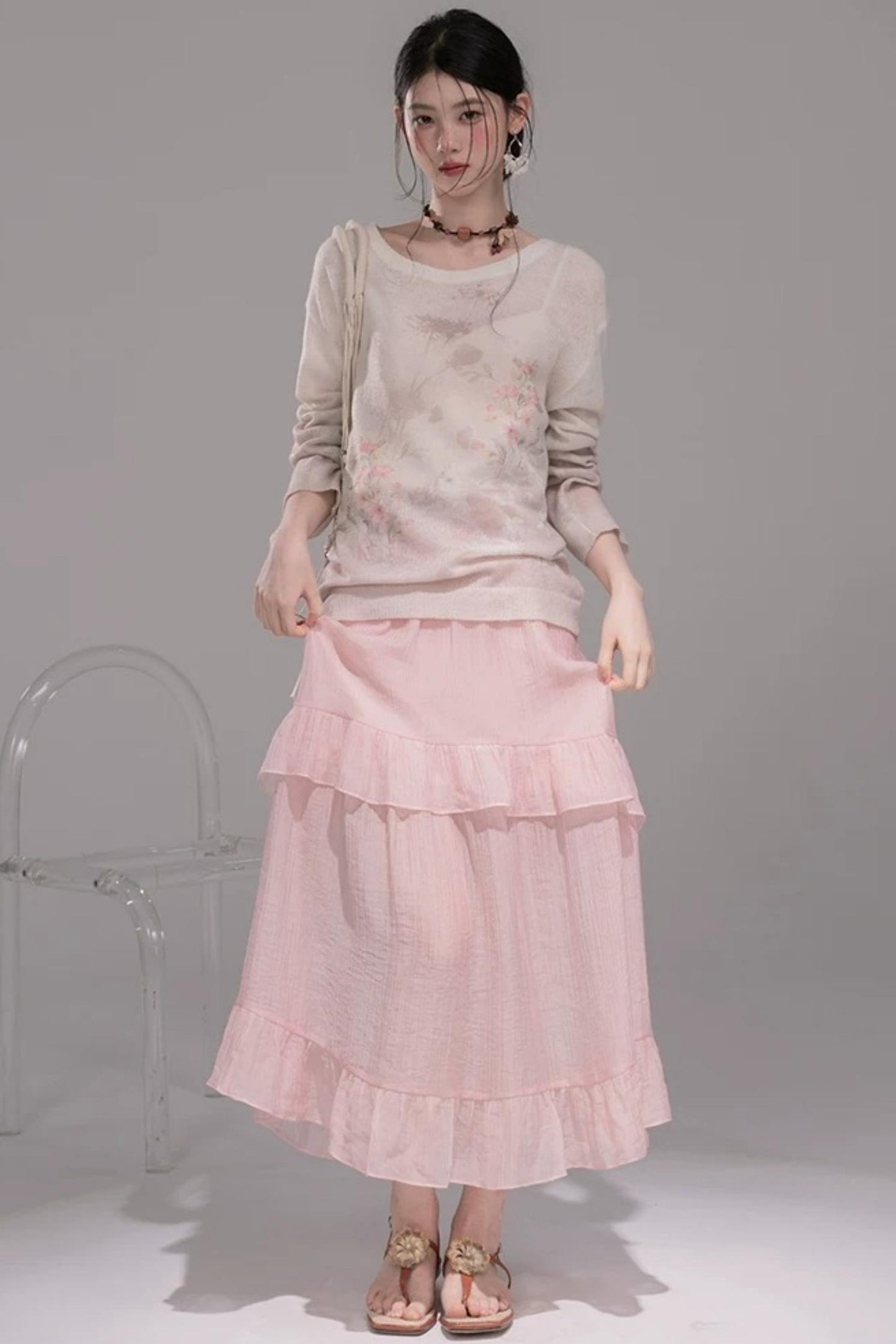 Pink Lyocell Pleated Skirt