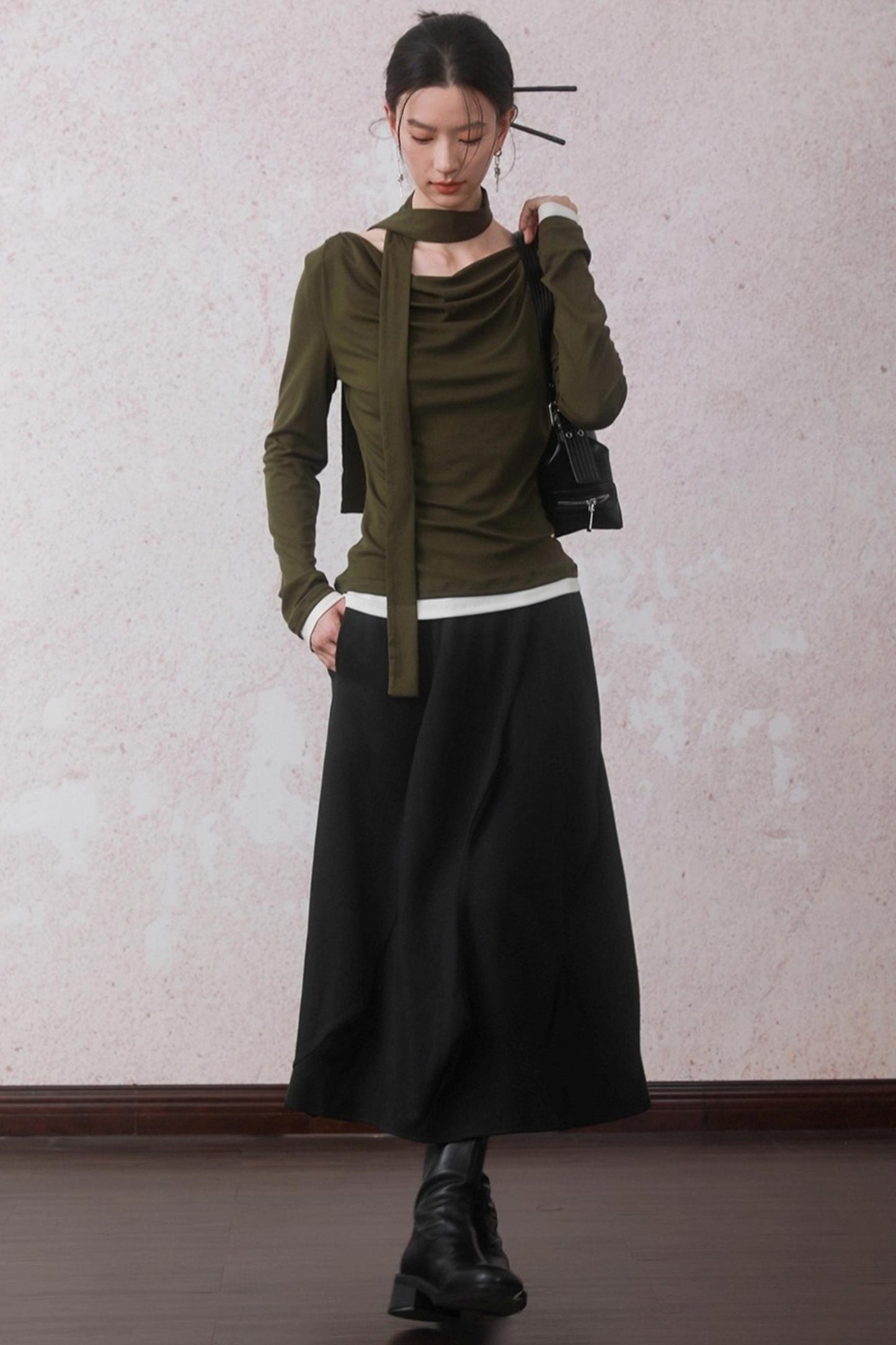 Tencel Lyocell Olive Green Swing Collar T-Shirt