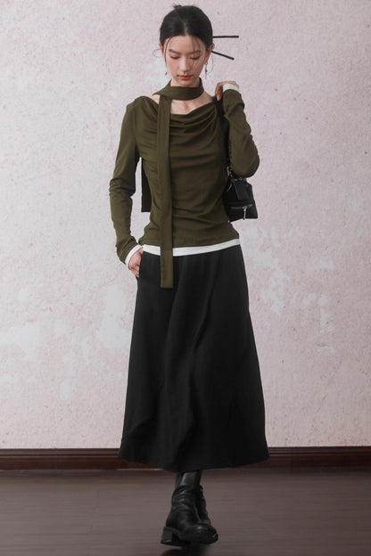 Tencel Lyocell Olive Green Swing Collar T-Shirt