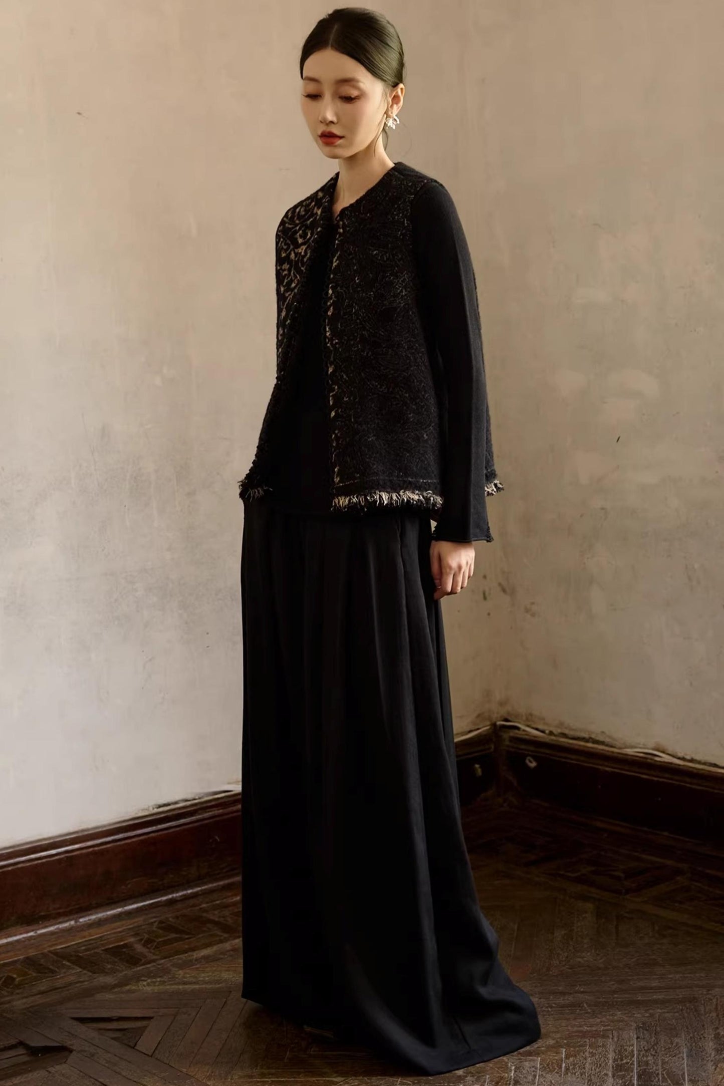 Schwarze Woll-Vintage-Jacquard-Weste Jacke