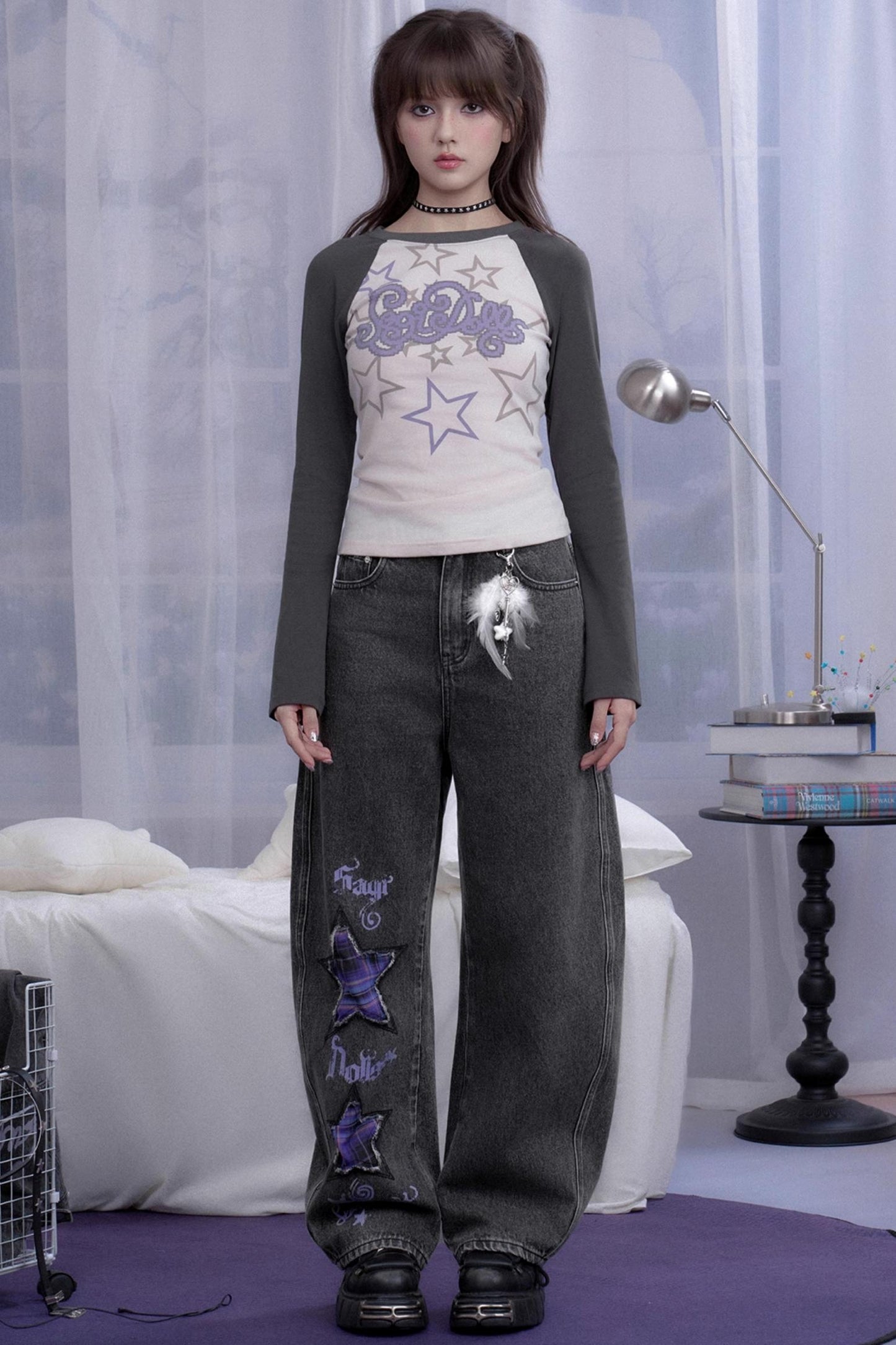 Washed Purple Plaid Star Jeans