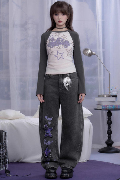 Washed Purple Plaid Star Jeans