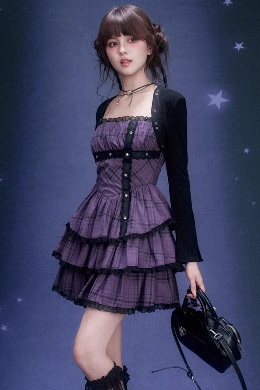 Grape Purple Plaid Strapless Dress Set-Up