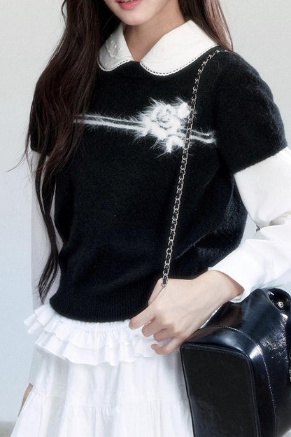 Flower Knitted Short-Sleeved Top