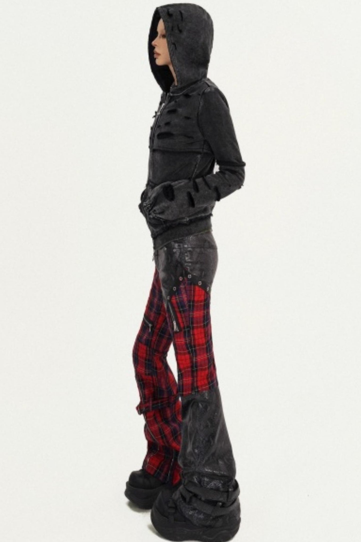 Plaid Patchwork Leather Pants