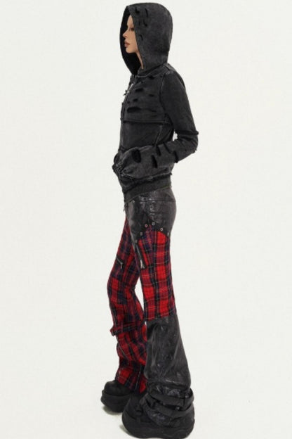 Plaid Patchwork Leather Pants