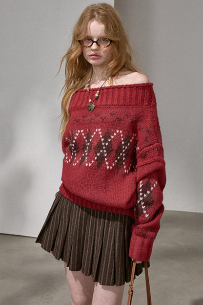 Thick Knit Argyle Off-Shoulder Top