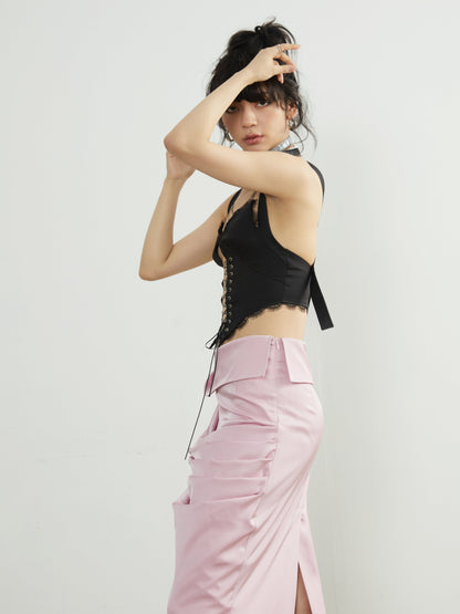 Roll-up waist design long slit skirt