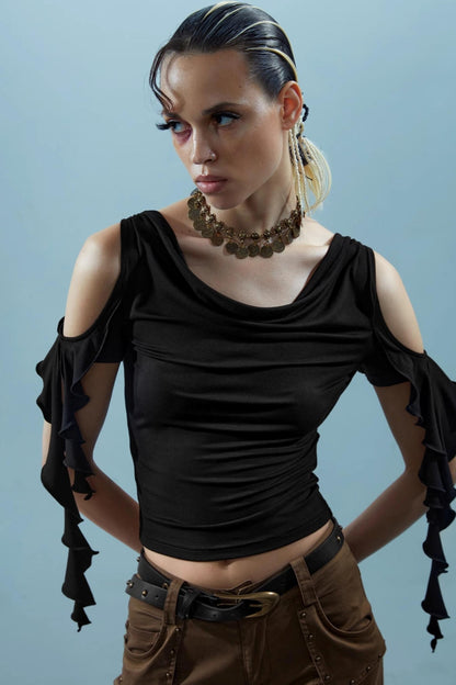 Ruffled Backless Strapless Tee