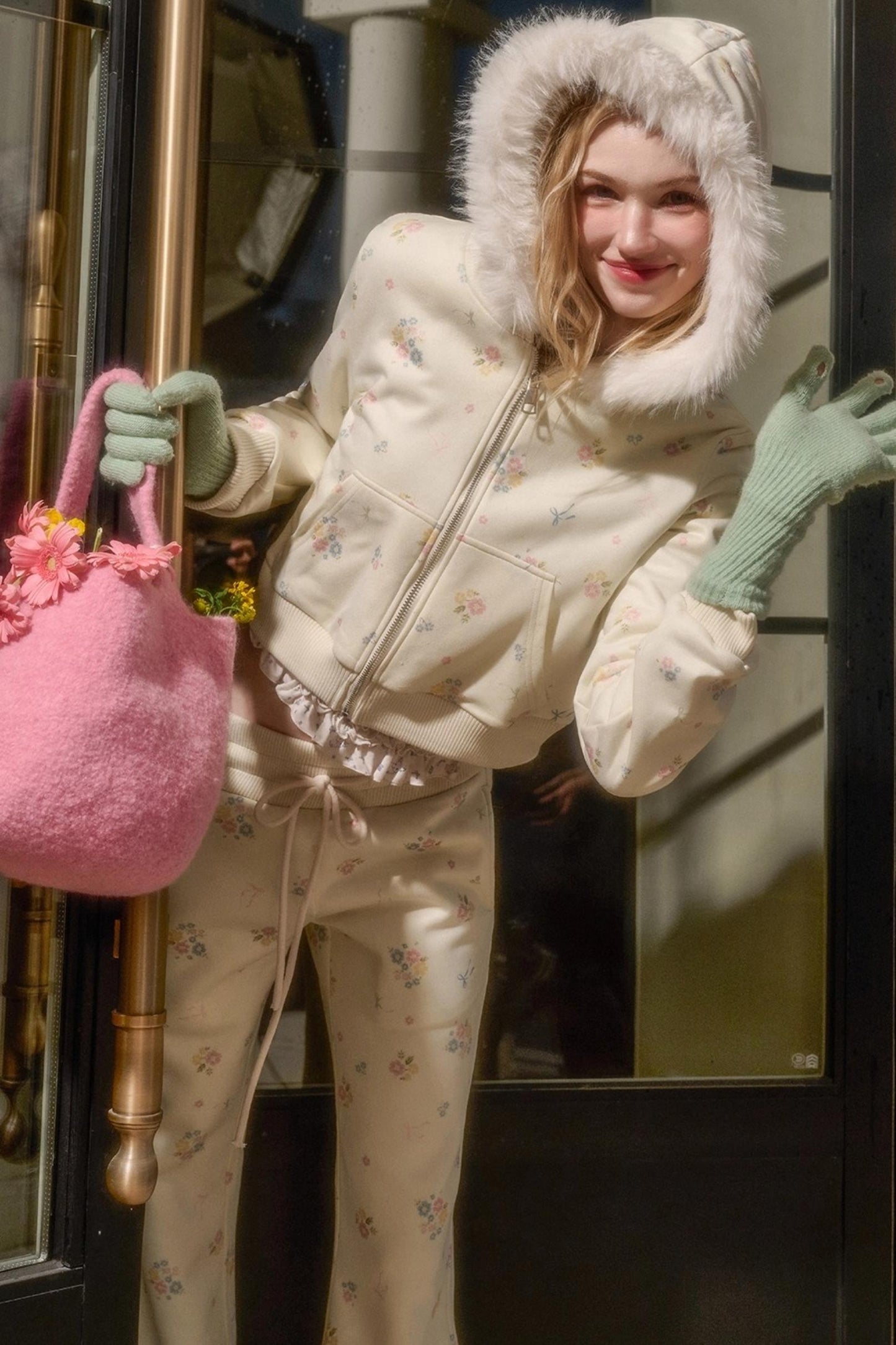 Floral Milky Way Fur Collar Jacket Set-Up