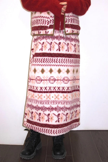 Berry Peach Retro Fleece Vest Jacket Skirt Set-Up