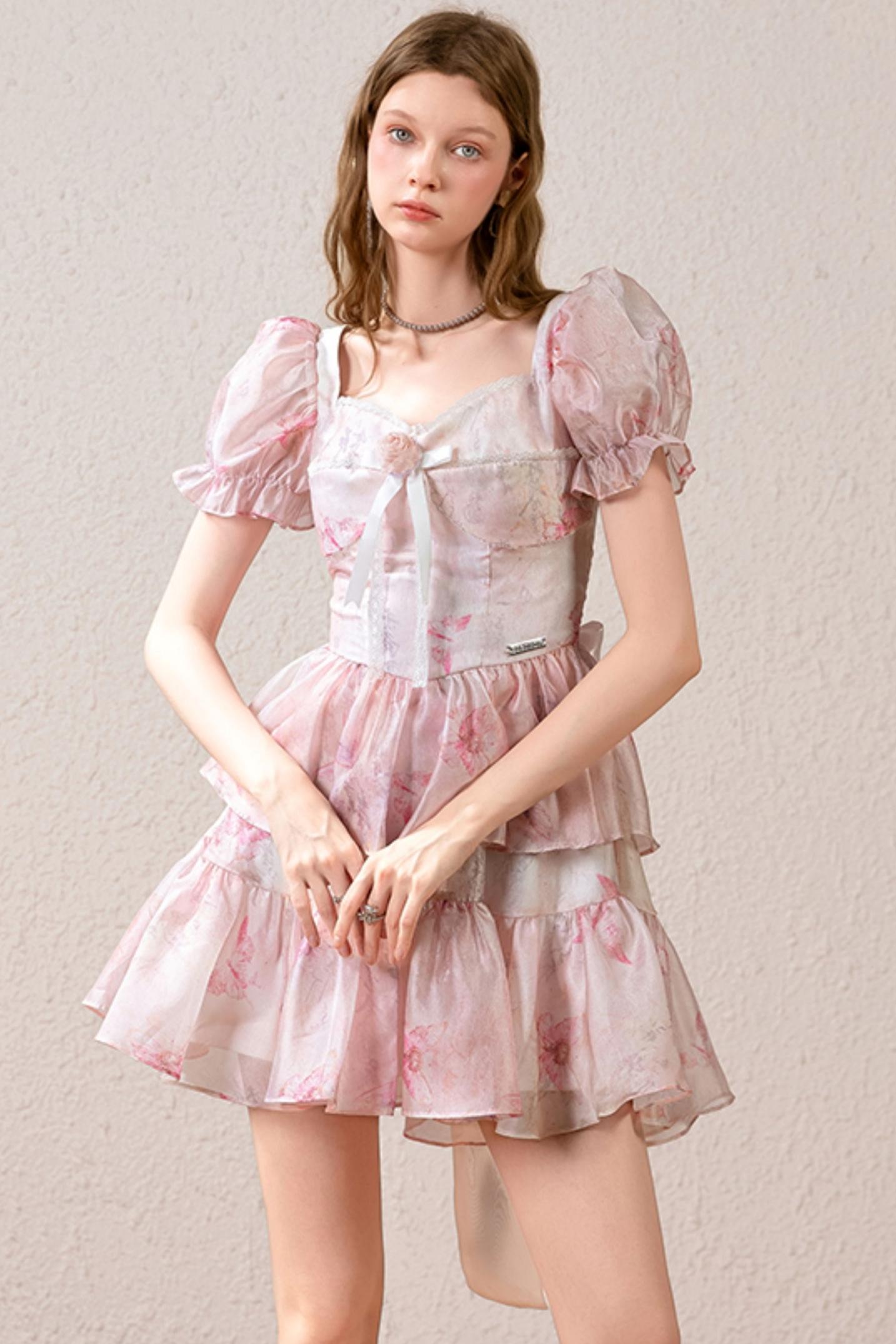 Pink Bubble Sleeve Princess Dress