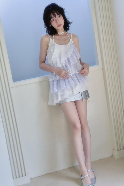 Blue Checkered Chiffon Ruffled Top
