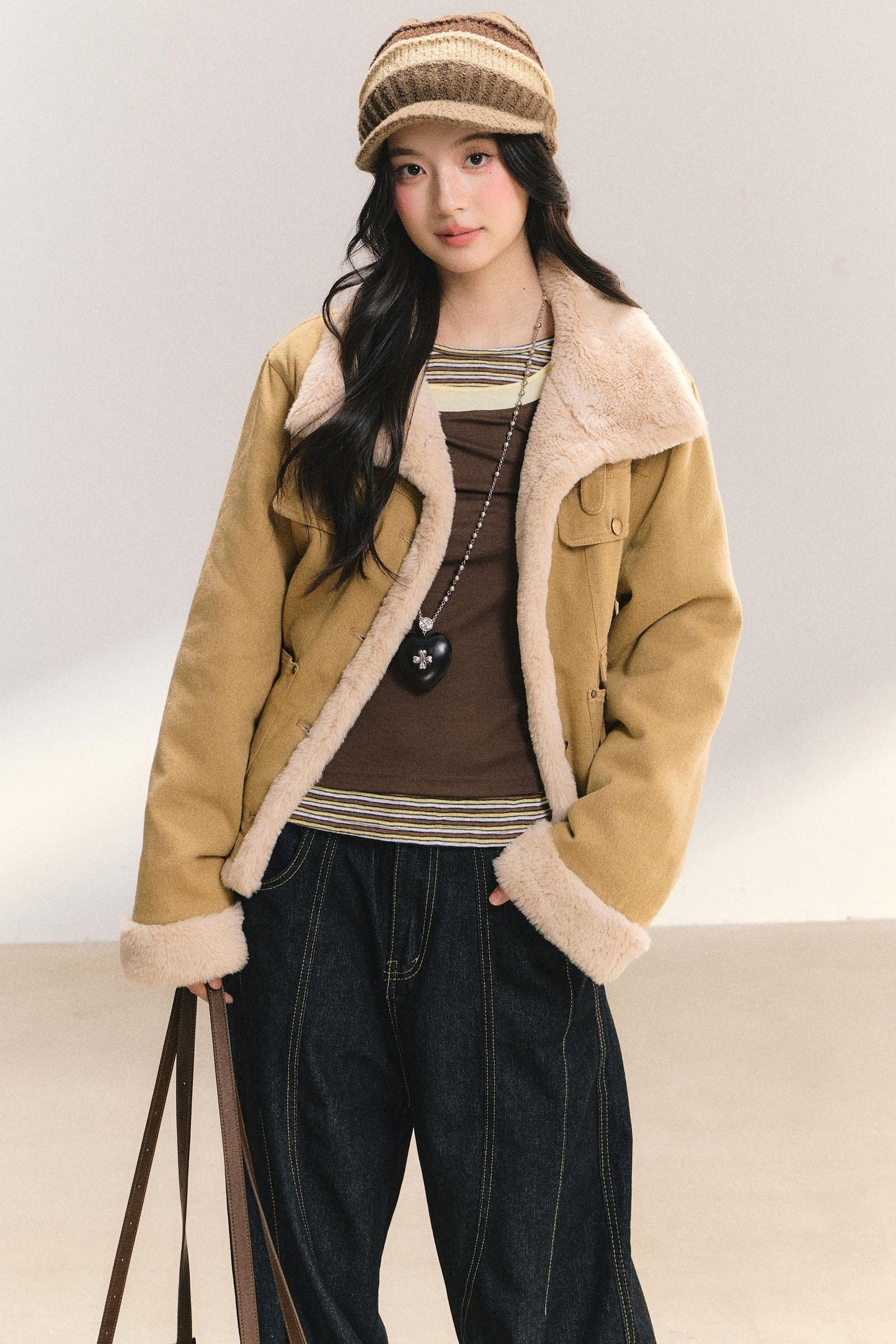 Denim Lace Trim Fur Coat