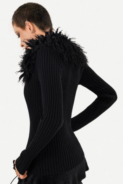 Black Fur Collar Knitted Cardigan