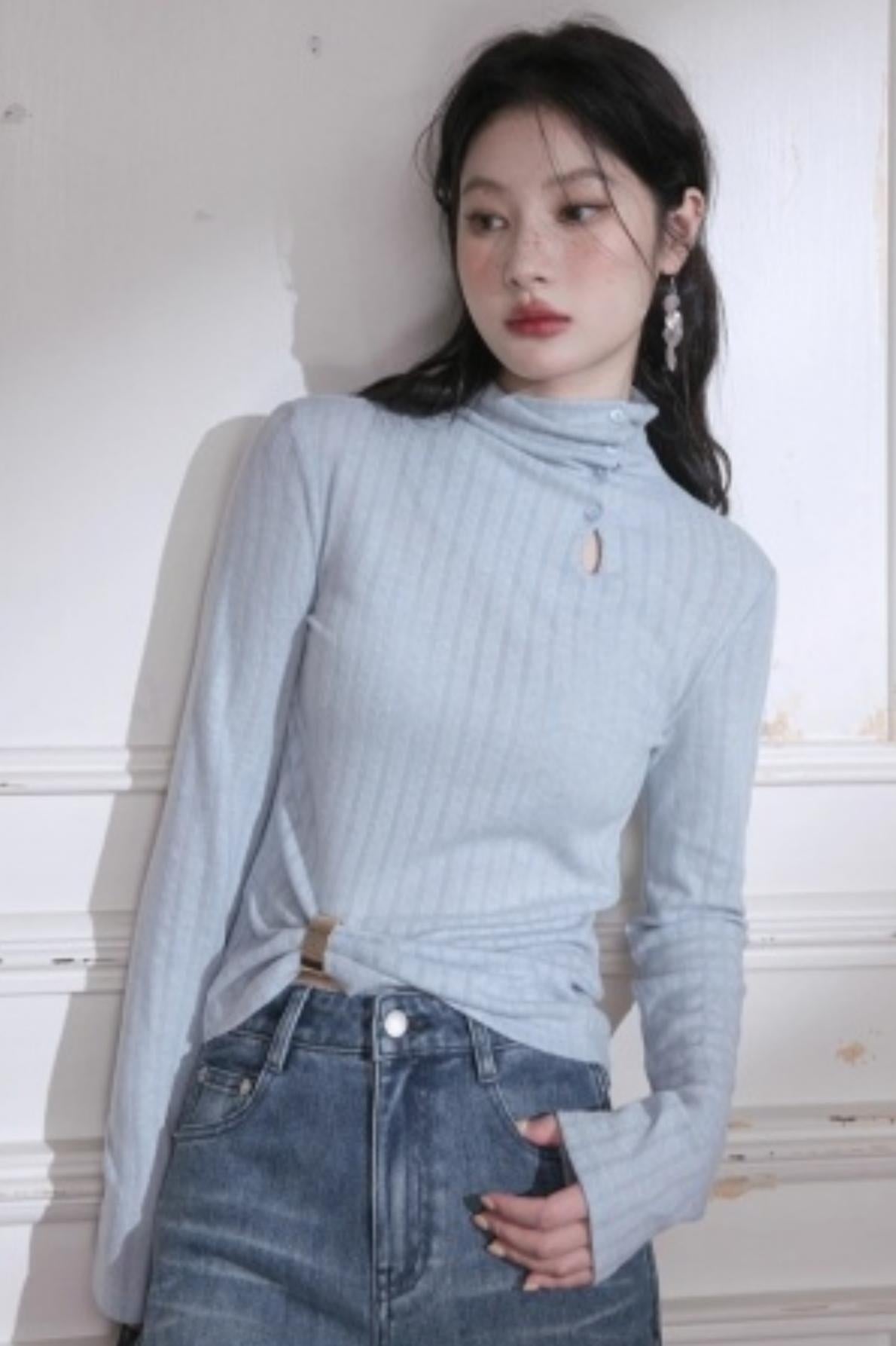 Light Blue Turtleneck Knitwear Top