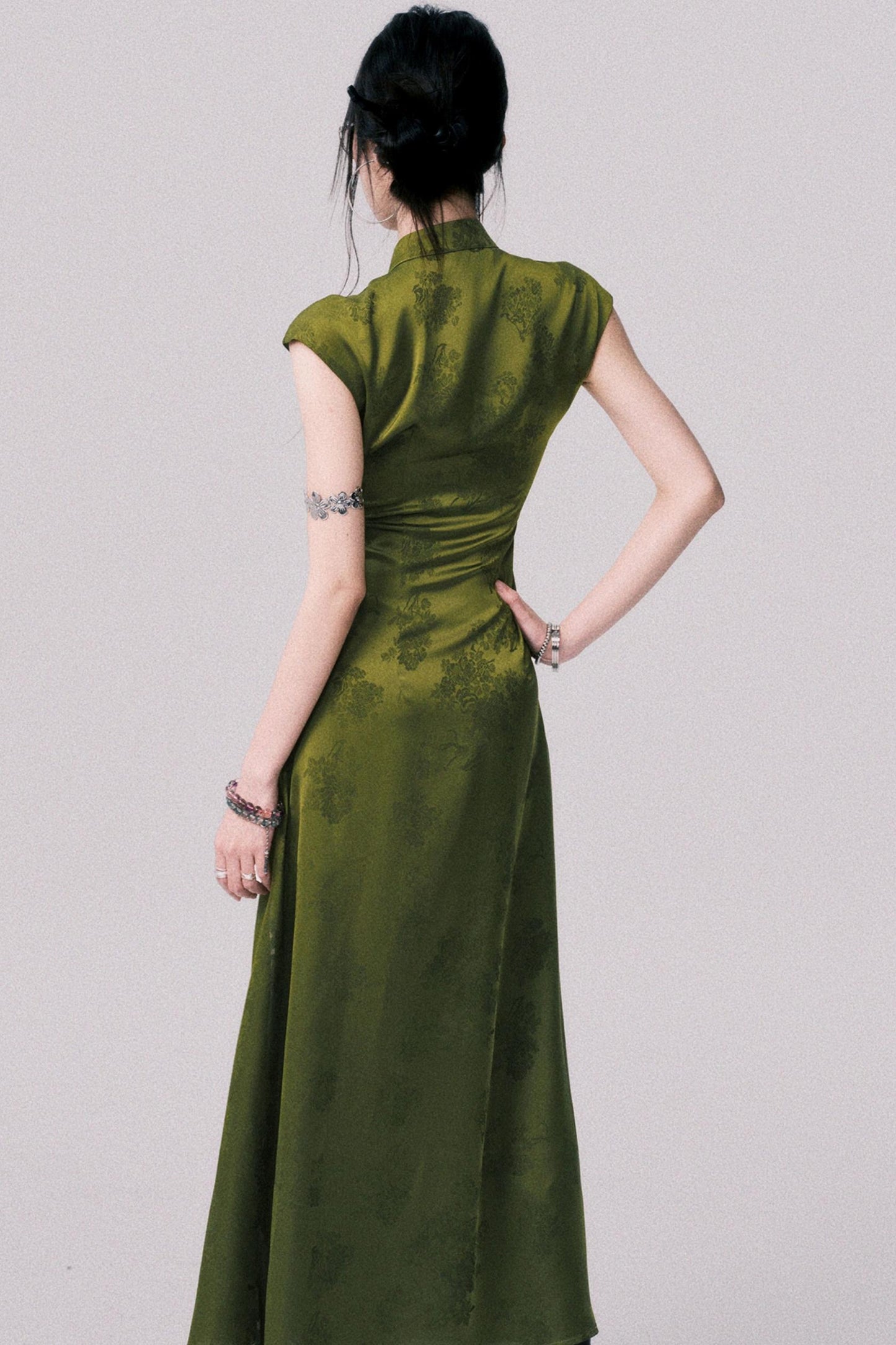 Vintage Moss Green Jacquard Cheongsam Dress