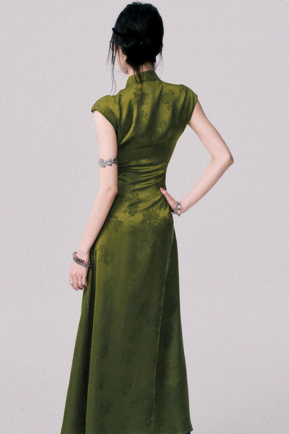 Vintage Moss Green Jacquard Cheongsam Dress