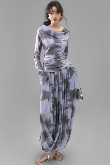 Poetic Swing Collar Print T-Shirt & Skirt Set-Up