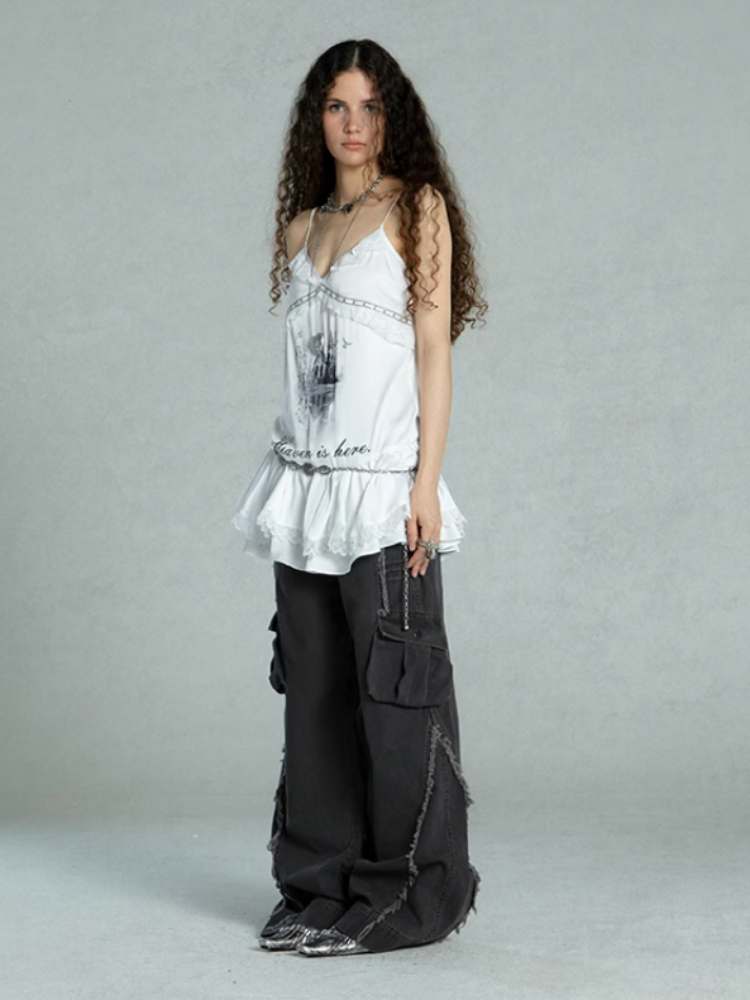 Straight Loose Washed Distressed Trumpet Mop Pants