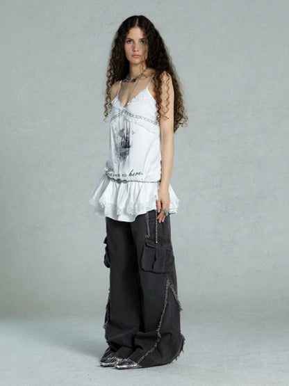 Straight Loose Washed Distressed Trumpet Mop Pants