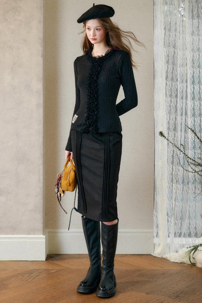 Dense Ribbed Lace Trim Sweater Top