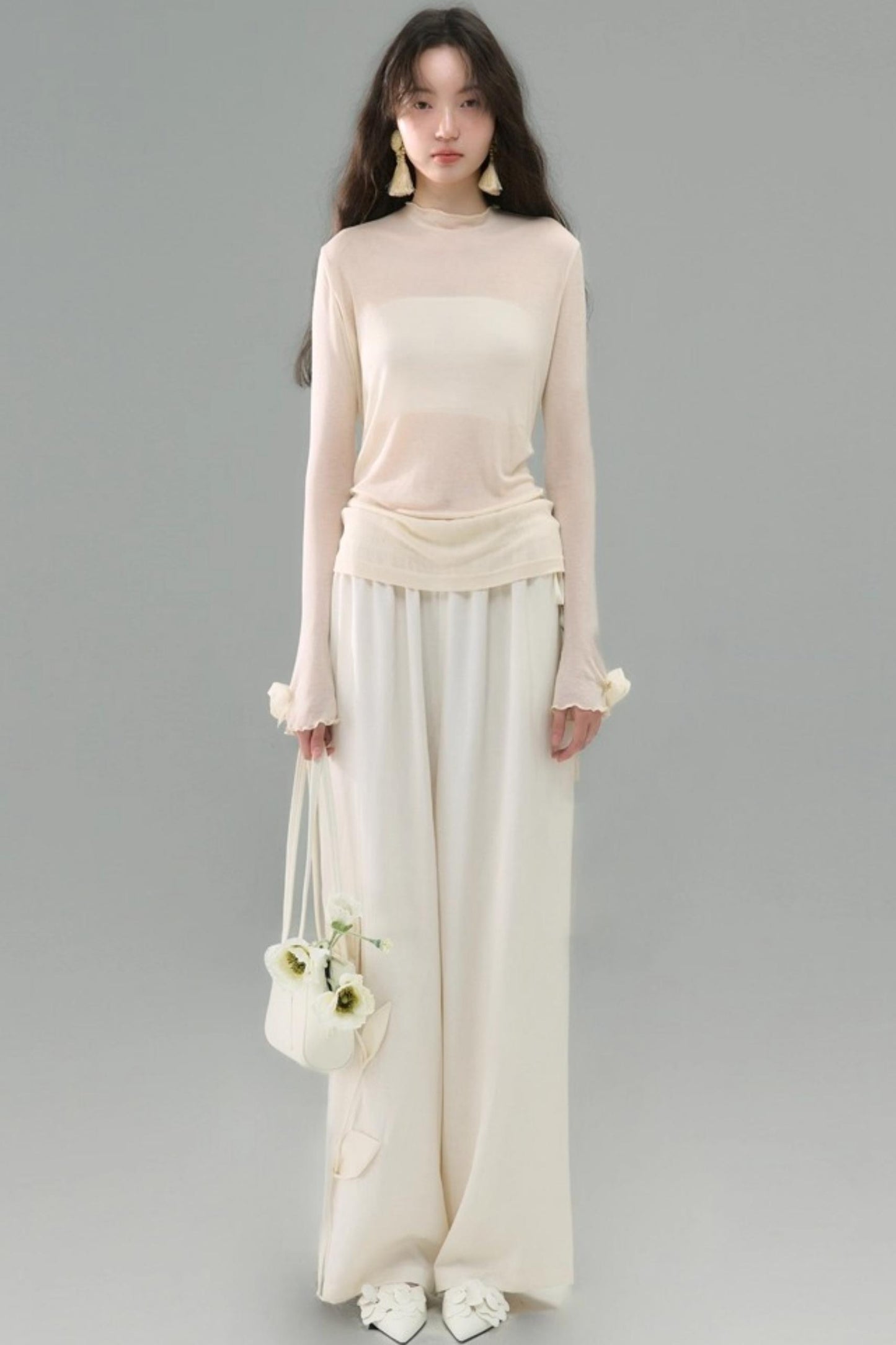 Three-Dimensional Calla Lily Linen Blend Wide-Leg Pants