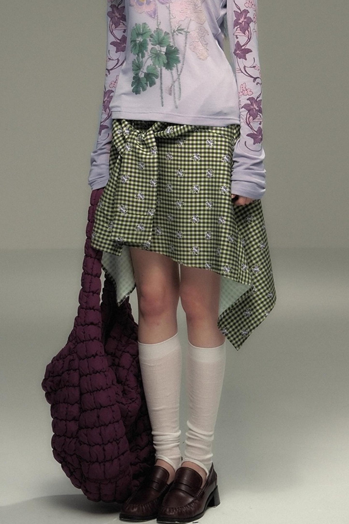 Retro Green Check Lace-Up Skirt