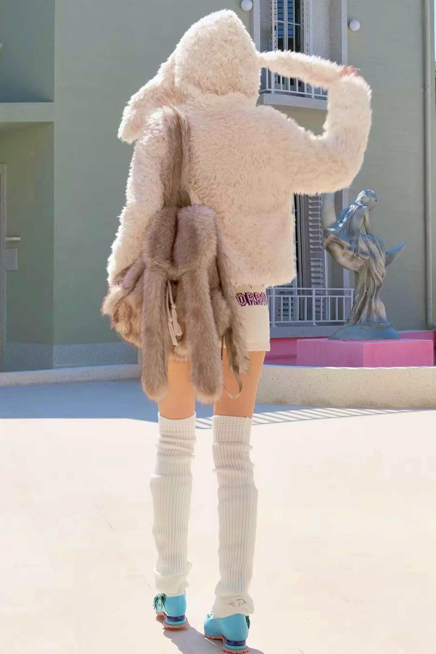 Studded Bow Faux Fur Coat