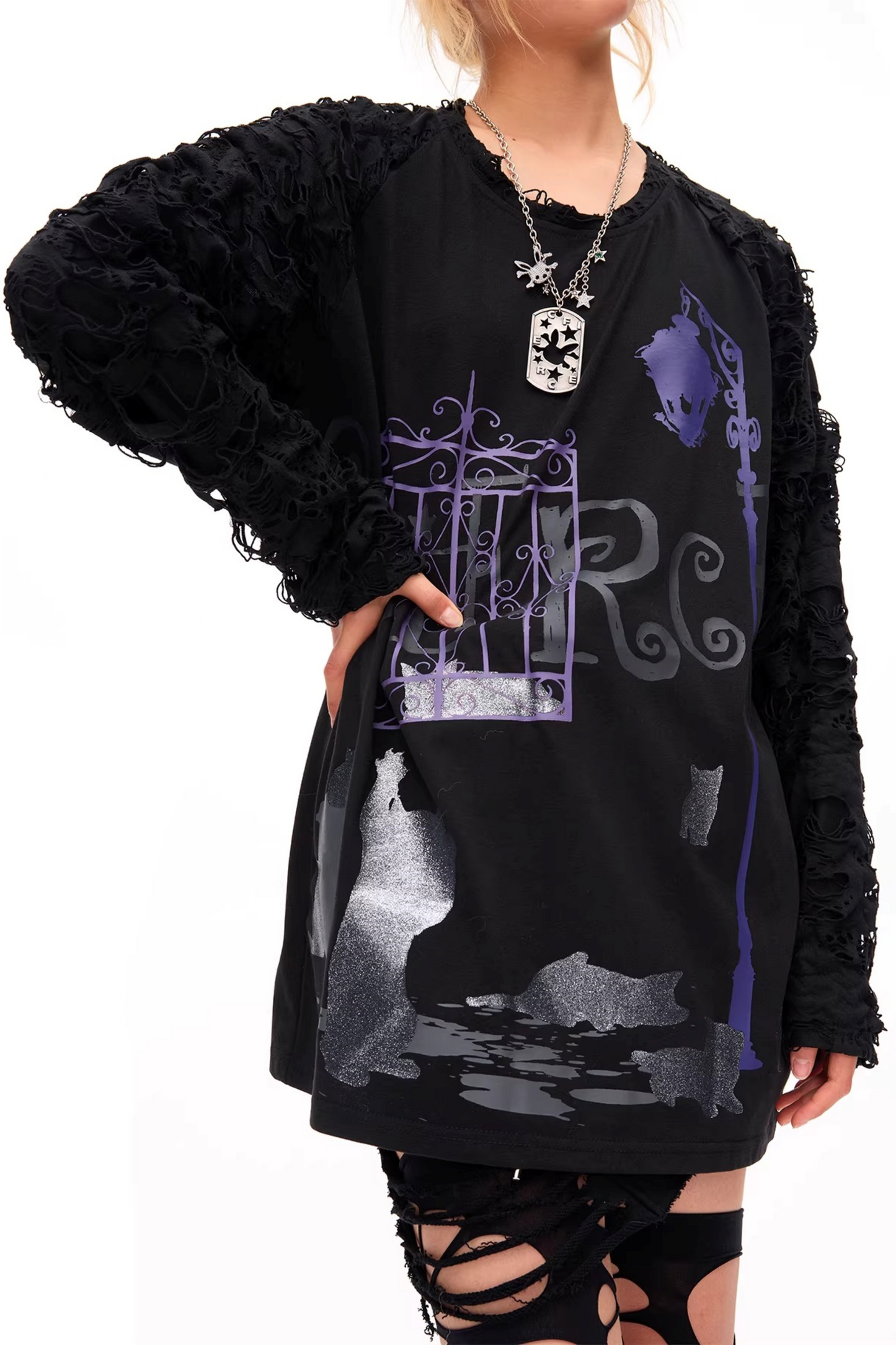 Dunkle-Nacht-Katzen-Print-Bluse