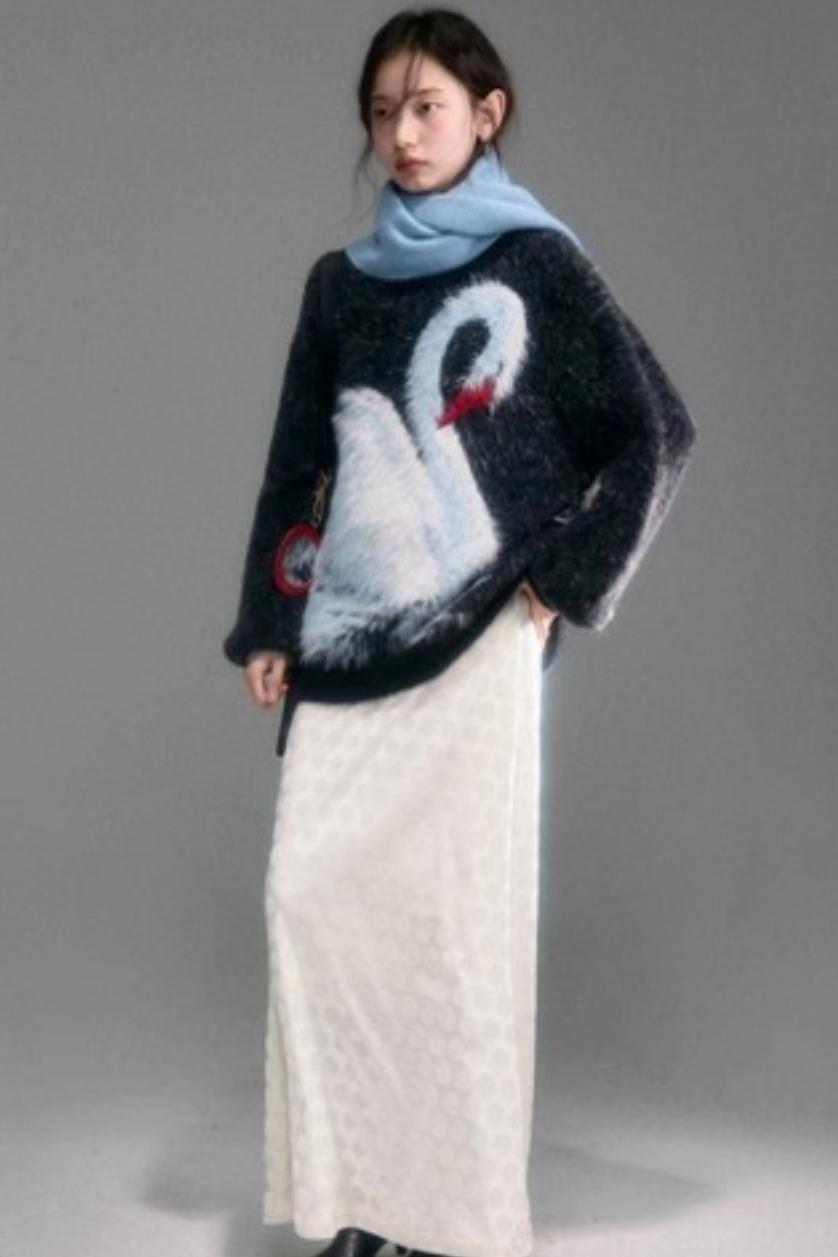 Moonlight Swan Faux Velvet Sweater