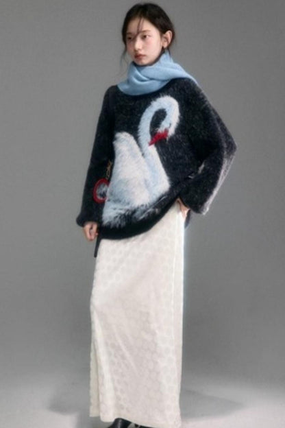 Moonlight Swan Faux Velvet Sweater