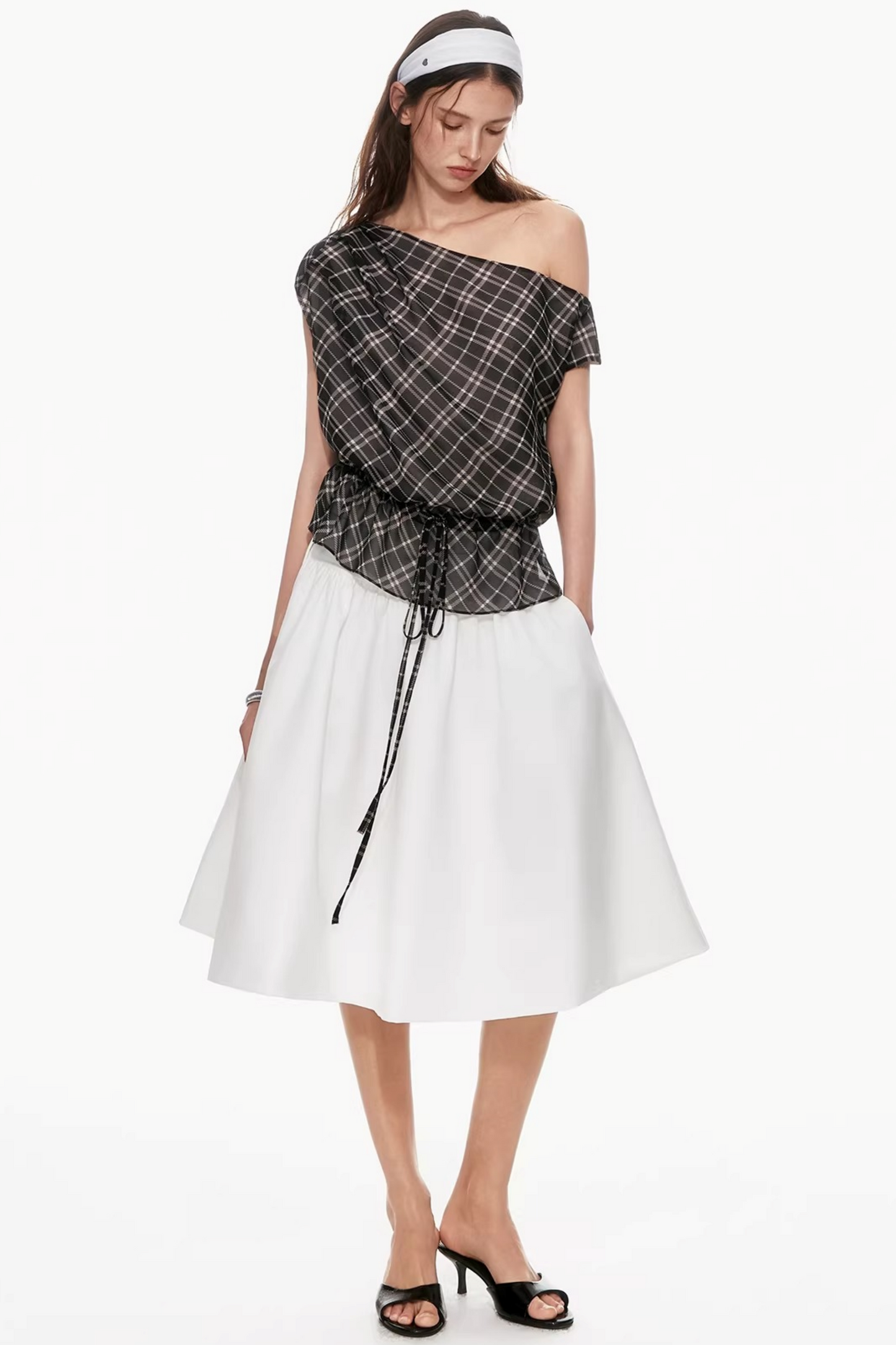 Plaid Asymmetrical Off-Shoulder Top